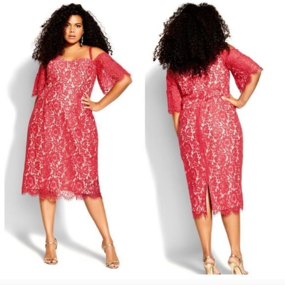 City Chic Raspberry Lace Cold-Shoulder Midi Dress
